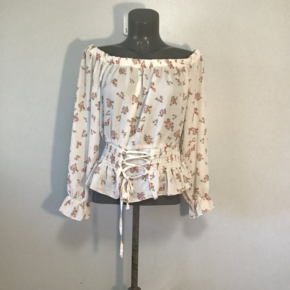 No Comment Off Shoulder Floral Pattern Top with Smocked Waist Size XL